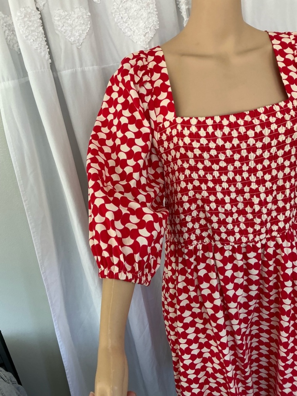Ava & Viv Red Smocked Square-Neck Midi Summer Beach Red/White Dress 100%Cotton - Picture 3 of 13